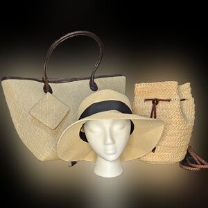 3 Pack Sun Hat Tote Drawstring Bag Vacation Bundle